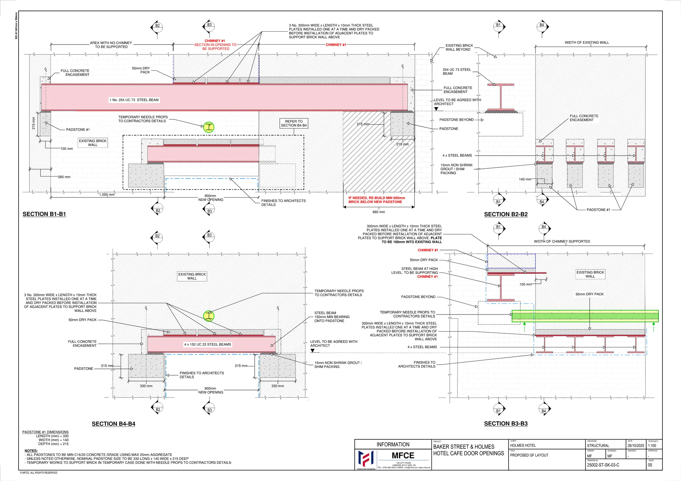 Detailed steelwork and masonry-support sections for the Bakers Street Coffee Shop openings