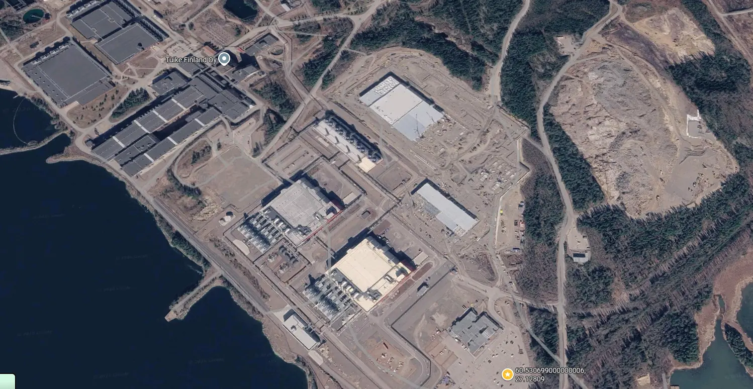 Public aerial map view of a hyperscale data centre campus in Finland