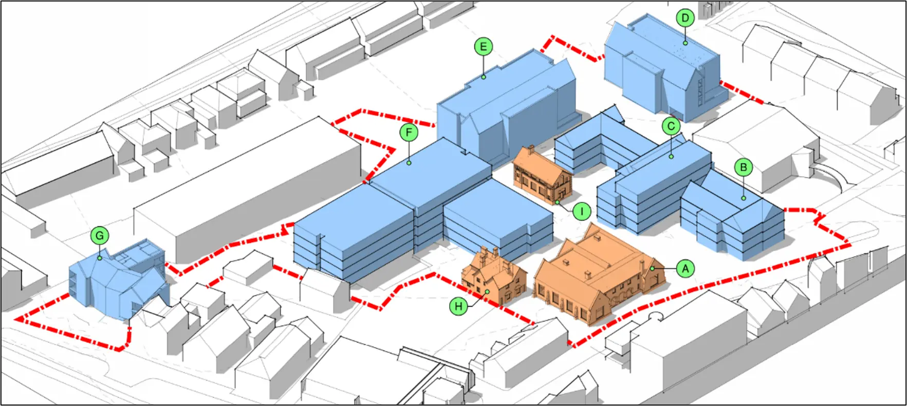 Illustrated masterplan showing the five Epping development sites