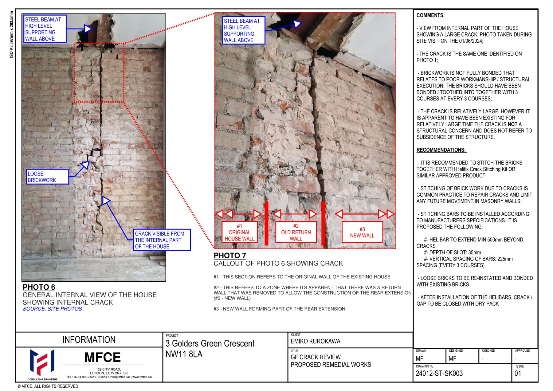 Internal masonry crack review and remedial-work notes at Golders Green Crescent