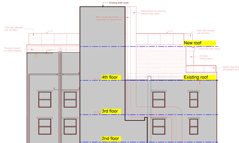 Existing and proposed elevation comparison for the Holmes Hotel roof extension