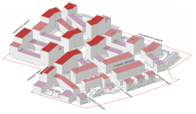 Overall Lampton Road residential masterplan showing nine apartment blocks and townhouses