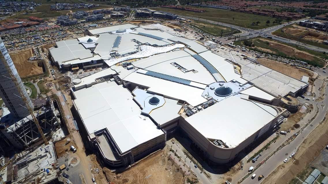 Aerial view of the completed Mall of Africa roof and public realm