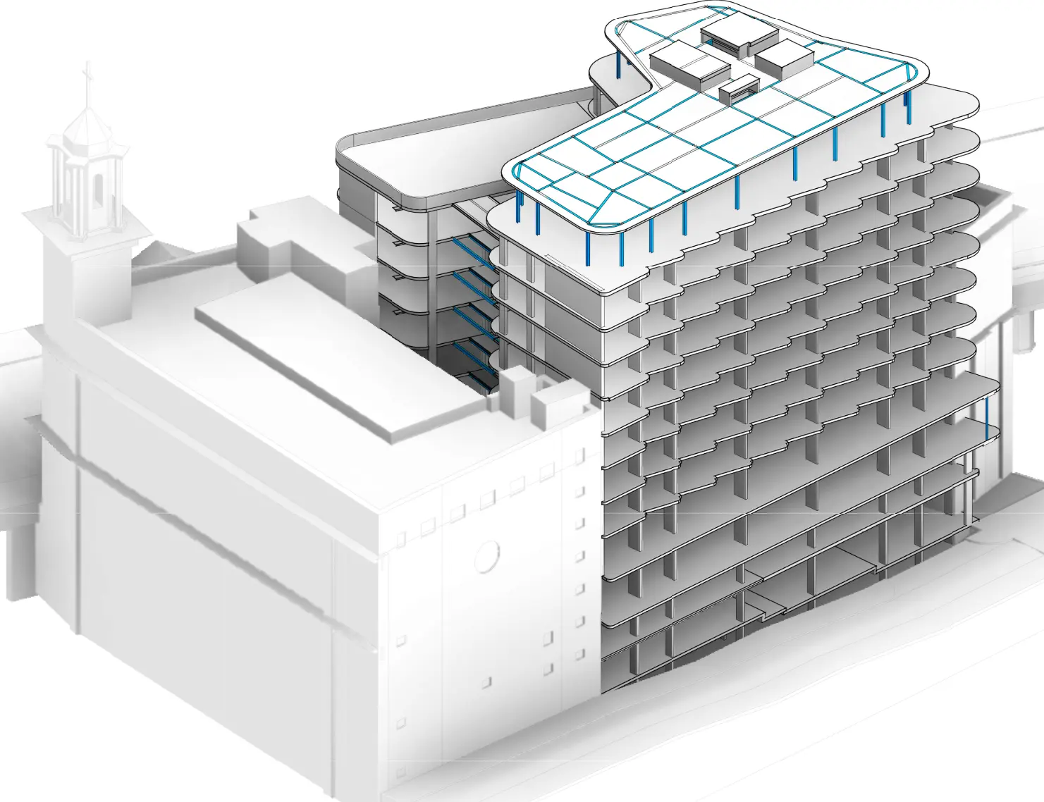 Morley House coordinated structural model showing the nine-storey frame and retained City Temple
