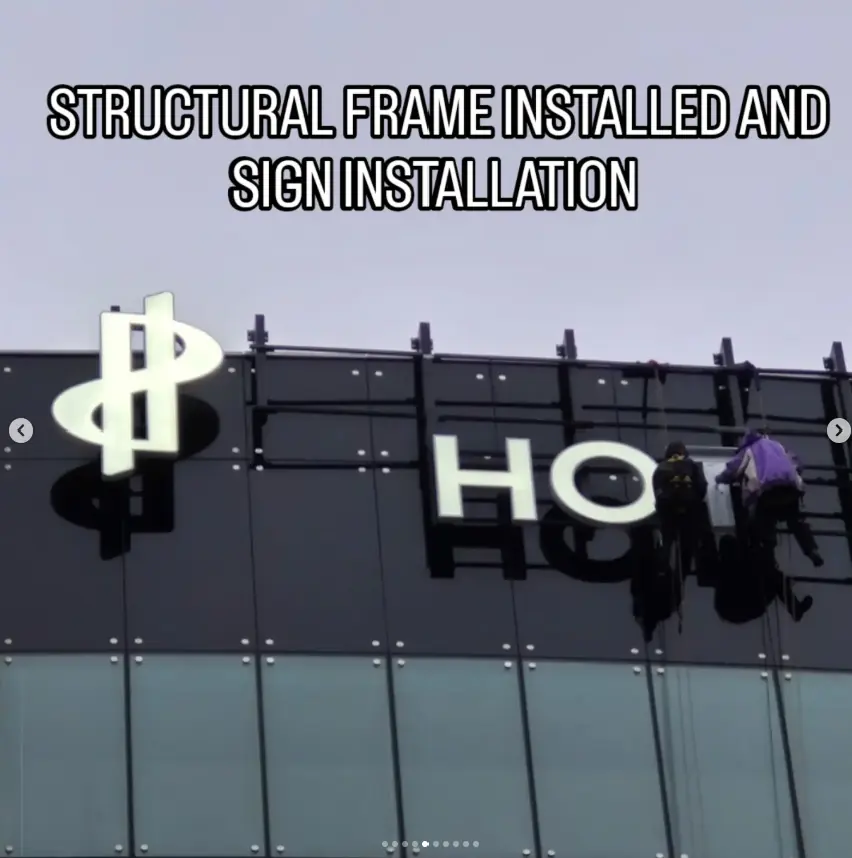 Park Plaza lettering being installed on the new structural frame