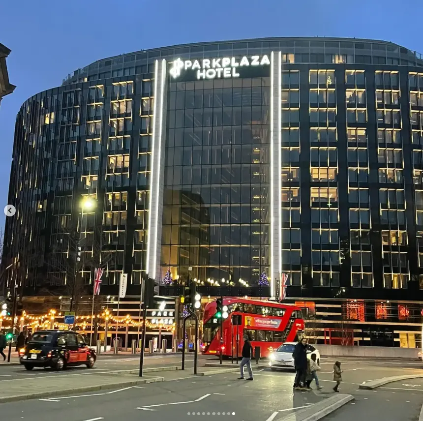Completed Park Plaza Westminster Bridge hotel façade and signage at night