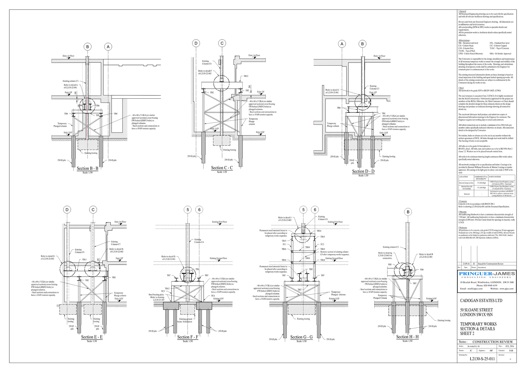 Column, beam and load-transfer connection details for 50 Sloane Street